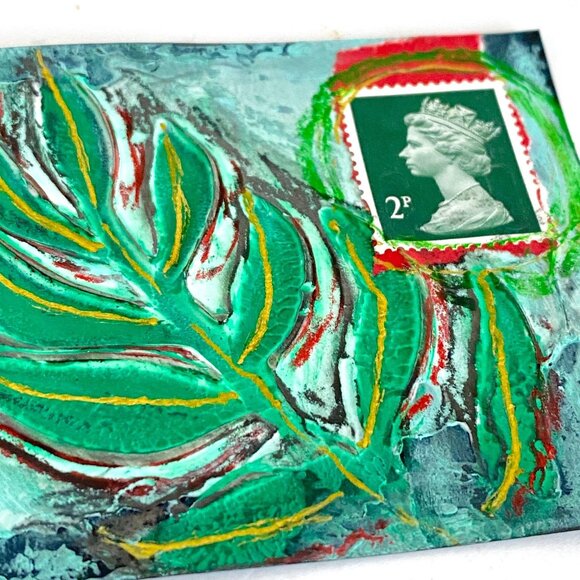 ACEO Original Mixed Media Art 1971 Queen Elizabeth II 2P UK Postage Stamp ATC - Picture 2 of 3